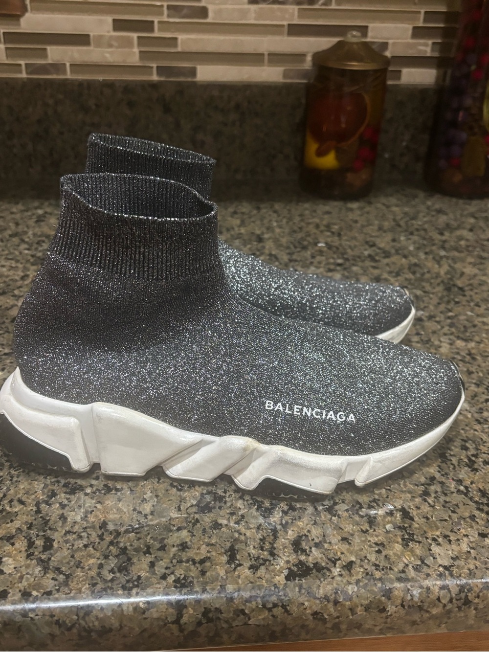 Balenciaga Women’s  Black Glitter Sock Sneakers with White Sole